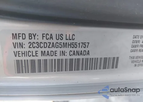 2021 Dodge Challenger Sxt z USA, uszkodzony, nr VIN 2C3CDZAG5MH551757